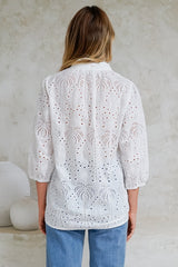 Ardena Blouse - Eyelet Embroidery Cotton Button Down with 3/4 Sleeves in White