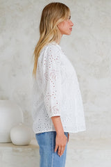 Ardena Blouse - Eyelet Embroidery Cotton Button Down with 3/4 Sleeves in White