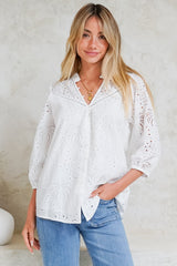 Ardena Blouse - Eyelet Embroidery Cotton Button Down with 3/4 Sleeves in White