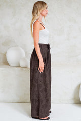 Ardena Pants - High Waisted Eyelet Embroidered Wide Leg Pants with Waist Tie in Chocolate