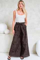 Ardena Pants - High Waisted Eyelet Embroidered Wide Leg Pants with Waist Tie in Chocolate