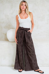 Ardena Pants - High Waisted Eyelet Embroidered Wide Leg Pants with Waist Tie in Chocolate