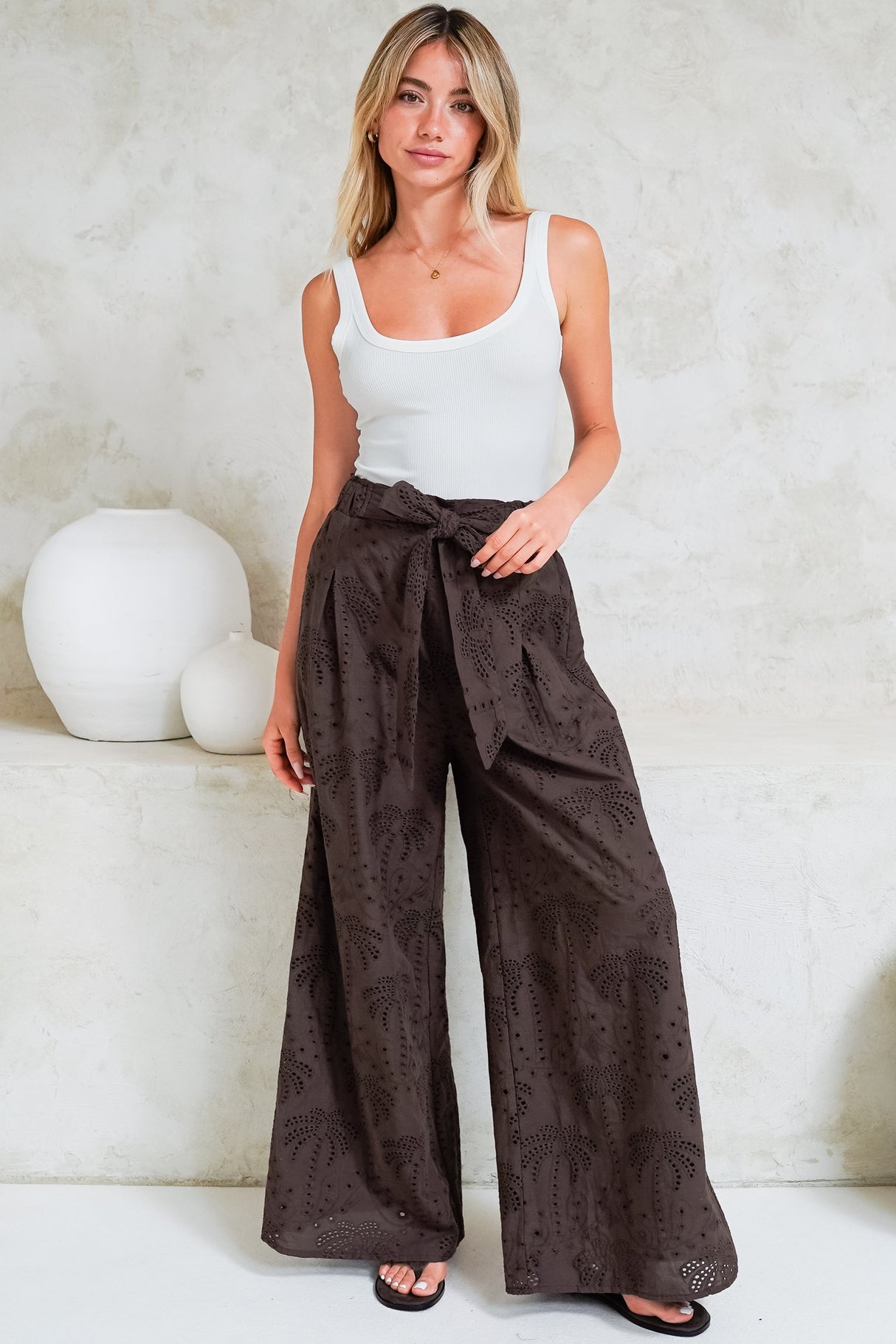 Ardena Pants - High Waisted Eyelet Embroidered Wide Leg Pants with Waist Tie in Chocolate