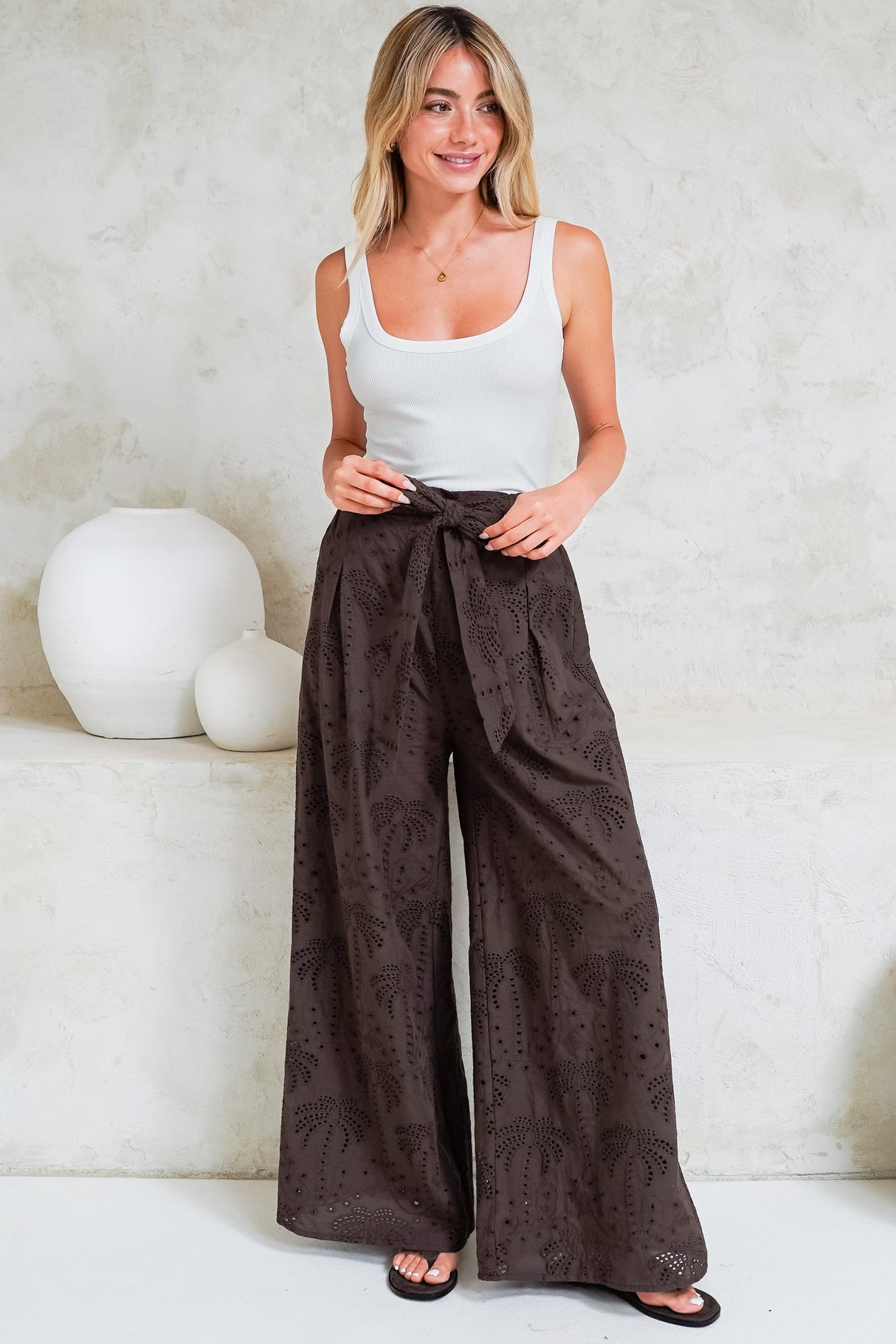 Ardena Pants - High Waisted Eyelet Embroidered Wide Leg Pants with Waist Tie in Chocolate
