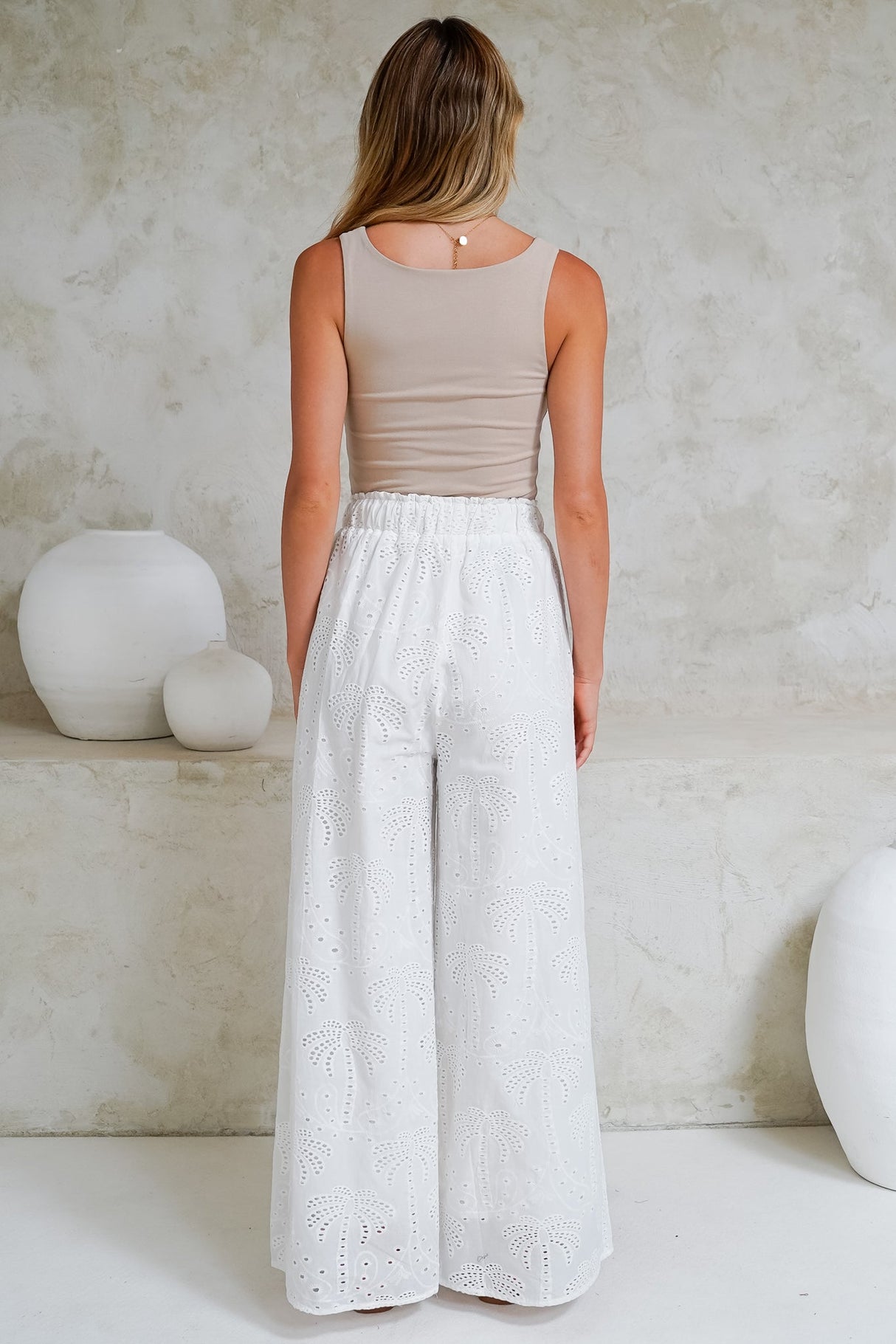 Ardena Pants - High Waisted Eyelet Embroidered Wide Leg Pants with Waist Tie in White