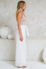 Ardena Pants - High Waisted Eyelet Embroidered Wide Leg Pants with Waist Tie in White