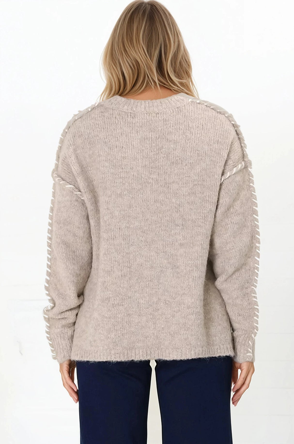 Ardie Jumper - Crew Neck Jumper with Contrast Stitching in Beige