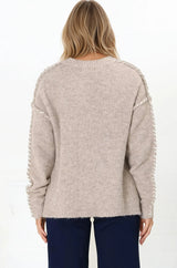 Ardie Jumper - Crew Neck Jumper with Contrast Stitching in Beige