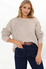 Ardie Jumper - Crew Neck Jumper with Contrast Stitching in Beige