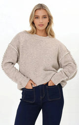 Ardie Jumper - Crew Neck Jumper with Contrast Stitching in Beige