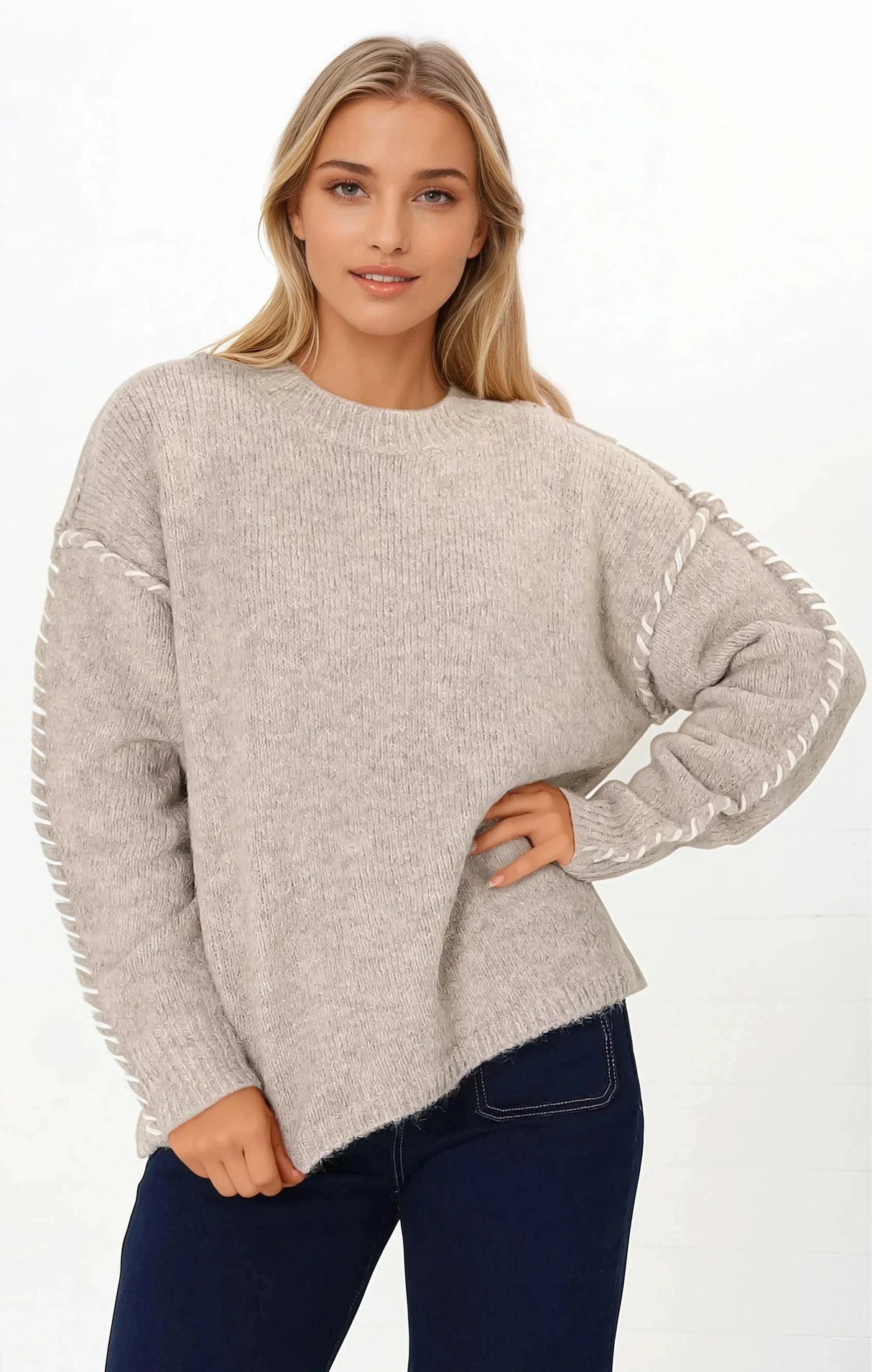Ardie Jumper - Crew Neck Jumper with Contrast Stitching in Beige