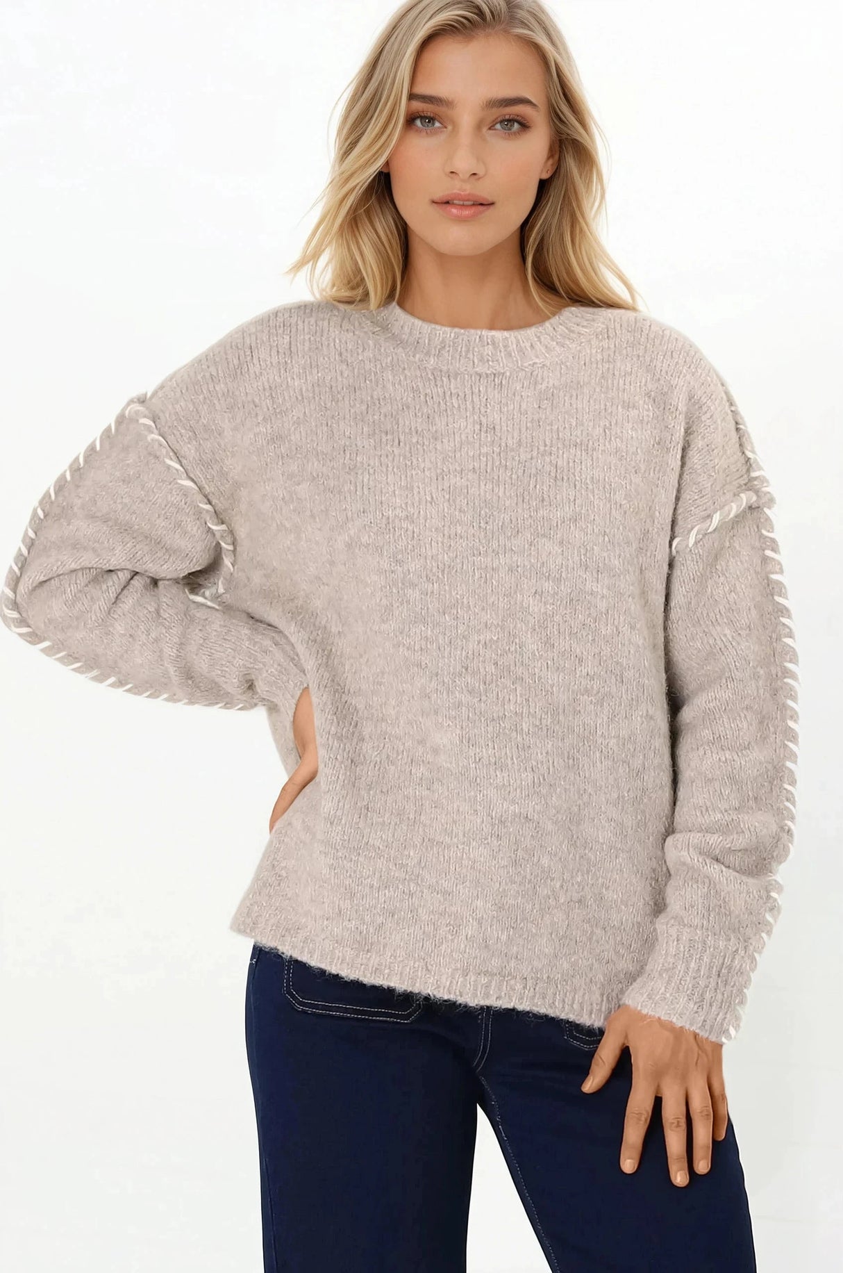 Ardie Jumper - Crew Neck Jumper with Contrast Stitching in Beige