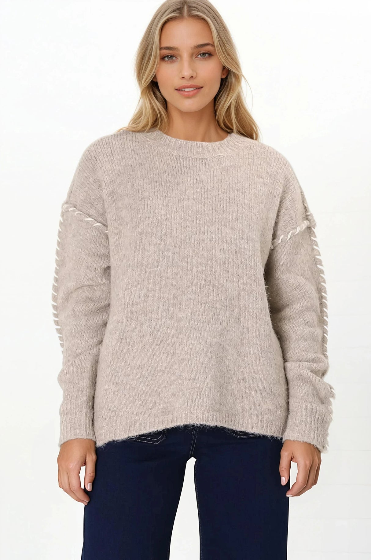 Ardie Jumper - Crew Neck Jumper with Contrast Stitching in Beige