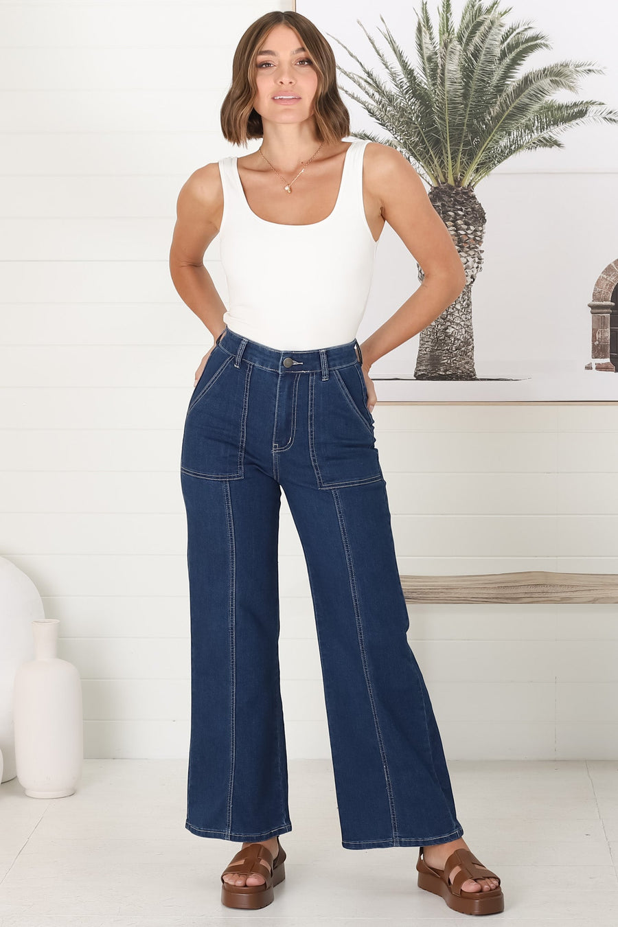 Dark Blue Womens Jeans High Waist Baggy Denim Pants Wide Leg Denim Trouser  | eBay