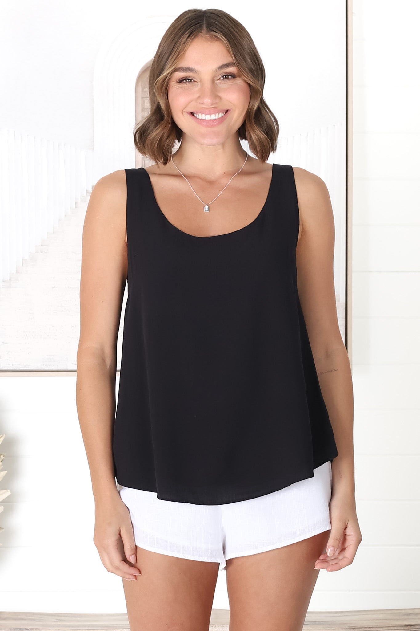 Arie Top - Scooped Neck and Hemline Relaxed Lined Top in Black