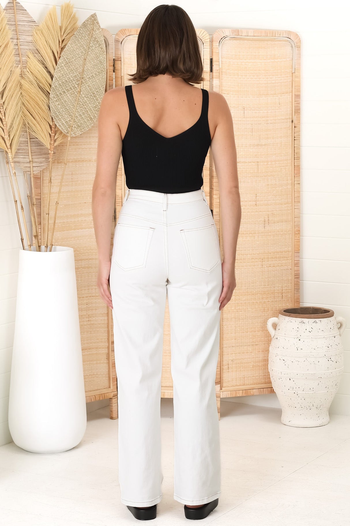 Ariel Jeans - Contrast Stitching High Waisted Warm White Straight Leg Jeans