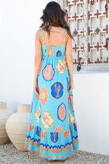 Ariel Maxi Dress - Adjustable Strap High Low Ruffle Hem Sun Dress in Boardwalk Print