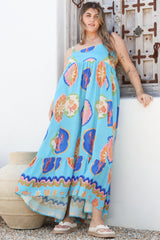 Ariel Maxi Dress - Adjustable Strap High Low Ruffle Hem Sun Dress in Boardwalk Print