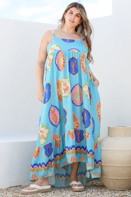 Ariel Maxi Dress - Adjustable Strap High Low Ruffle Hem Sun Dress in Boardwalk Print