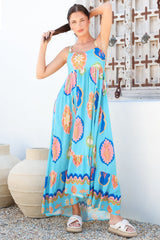 Ariel Maxi Dress - Adjustable Strap High Low Ruffle Hem Sun Dress in Boardwalk Print