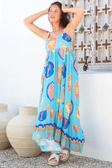 Ariel Maxi Dress - Adjustable Strap High Low Ruffle Hem Sun Dress in Boardwalk Print