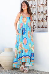 Ariel Maxi Dress - Adjustable Strap High Low Ruffle Hem Sun Dress in Boardwalk Print