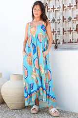 Ariel Maxi Dress - Adjustable Strap High Low Ruffle Hem Sun Dress in Boardwalk Print