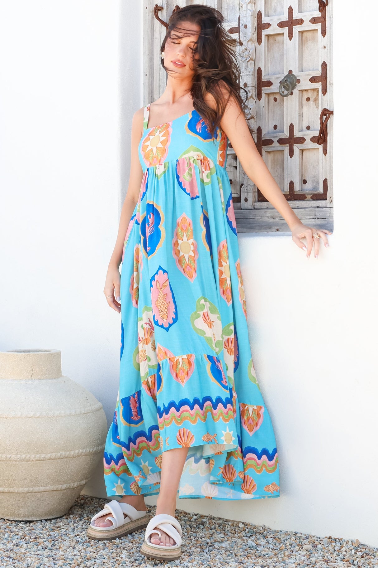 Ariel Maxi Dress - Adjustable Strap High Low Ruffle Hem Sun Dress in Boardwalk Print