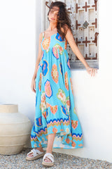 Ariel Maxi Dress - Adjustable Strap High Low Ruffle Hem Sun Dress in Boardwalk Print