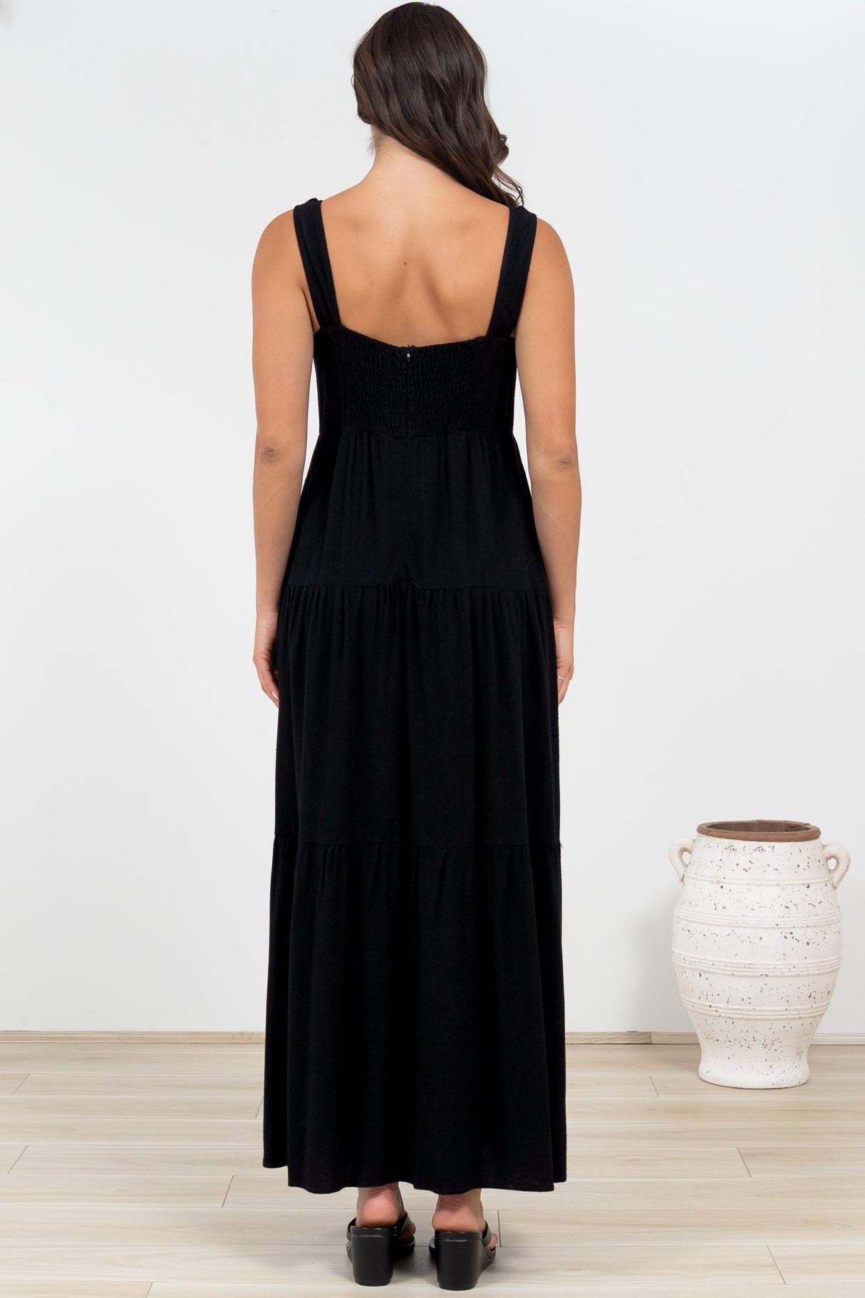 Arielle Maxi Dress - Square Neckline Tiered Dress with Pockets in Black