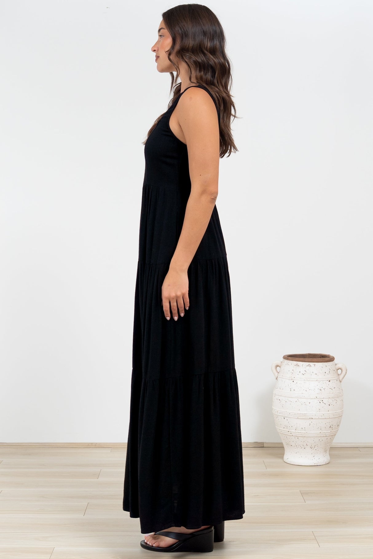 Arielle Maxi Dress - Square Neckline Tiered Dress with Pockets in Black