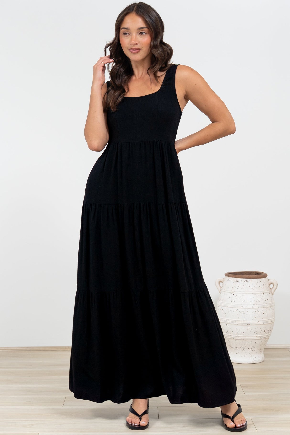 Arielle Maxi Dress - Square Neckline Tiered Dress with Pockets in Black