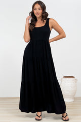Arielle Maxi Dress - Square Neckline Tiered Dress with Pockets in Black
