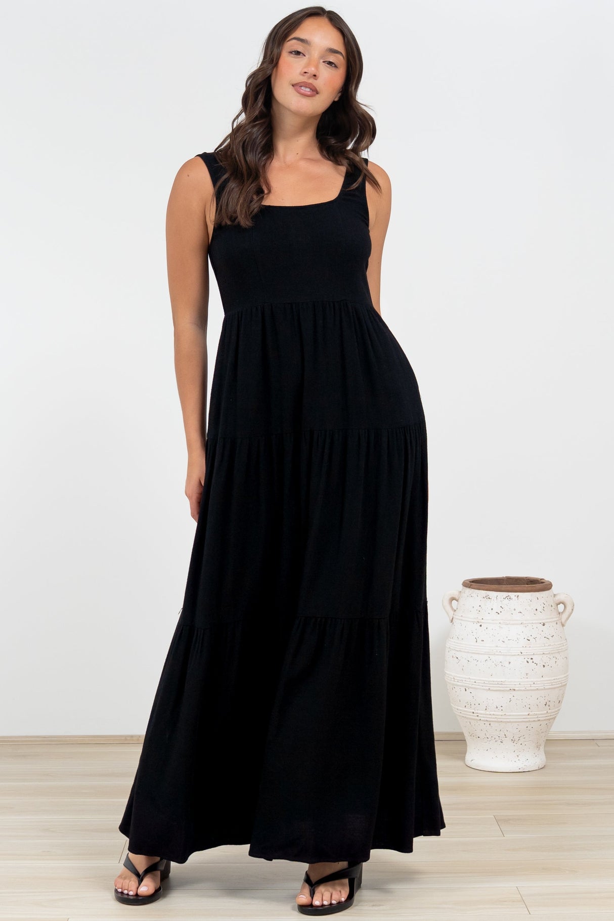 Arielle Maxi Dress - Square Neckline Tiered Dress with Pockets in Black