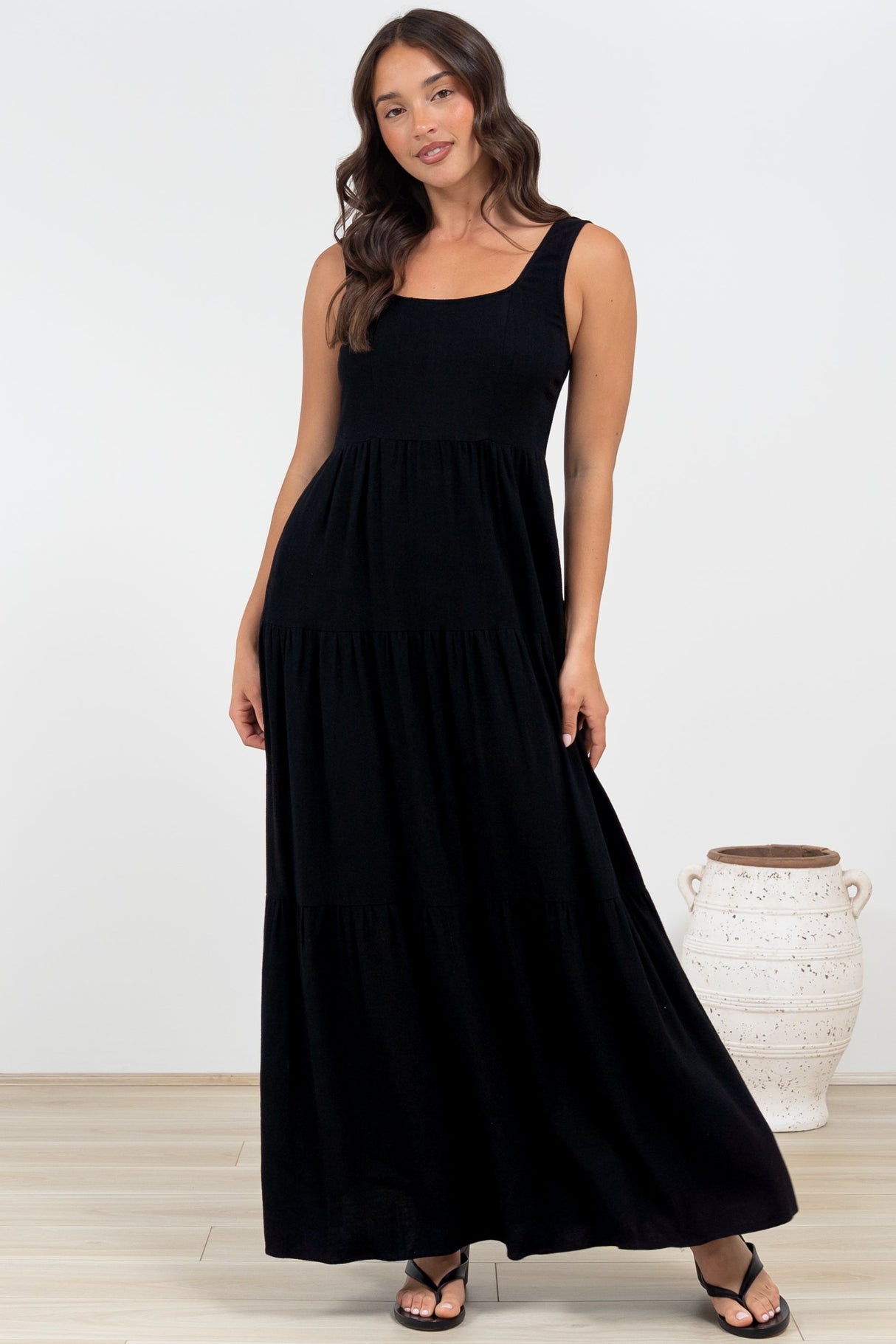 Arielle Maxi Dress - Square Neckline Tiered Dress with Pockets in Black