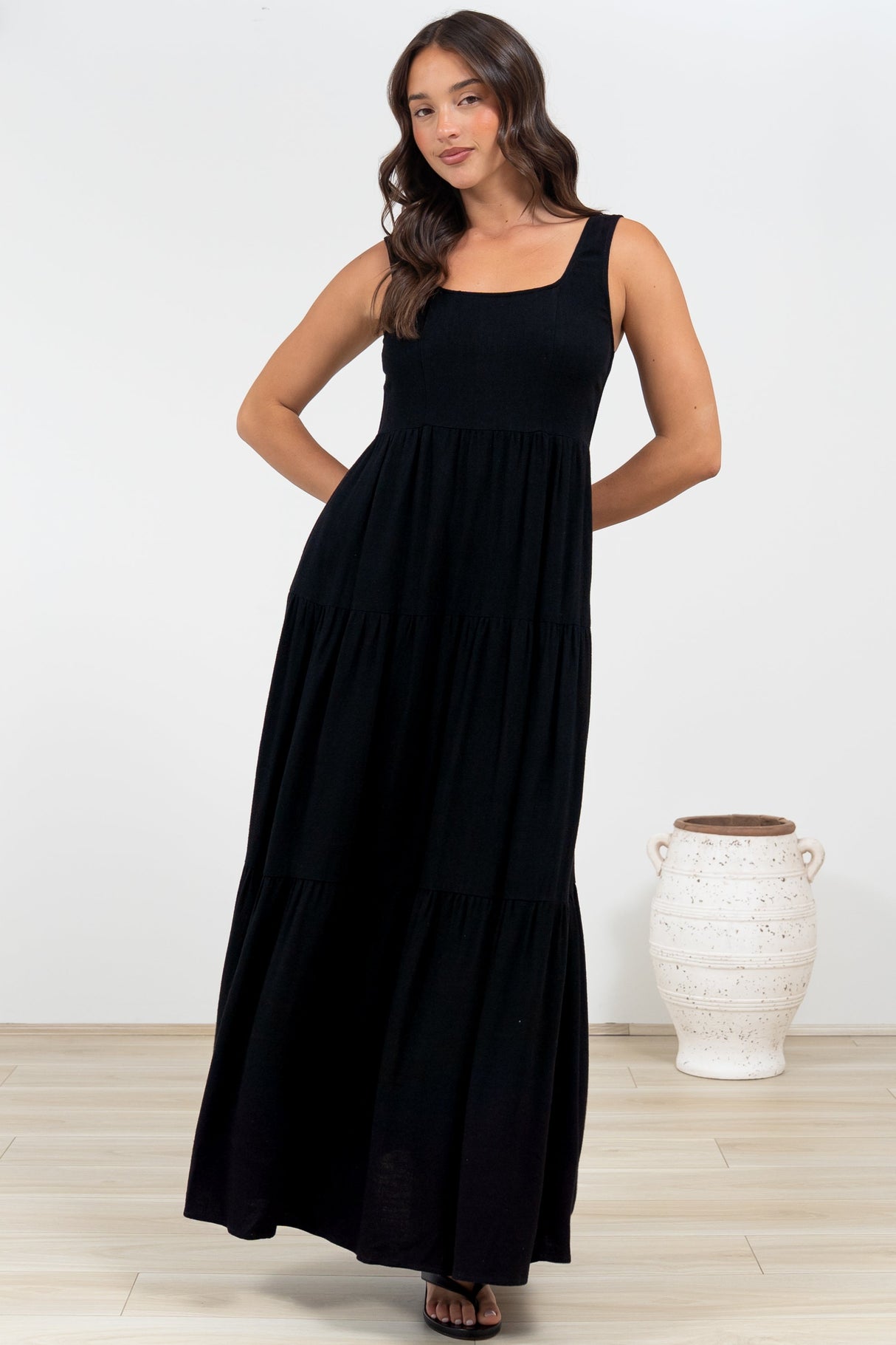Arielle Maxi Dress - Square Neckline Tiered Dress with Pockets in Black