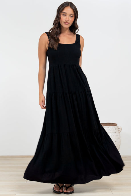 Arielle Maxi Dress - Square Neckline Tiered Dress with Pockets in Black