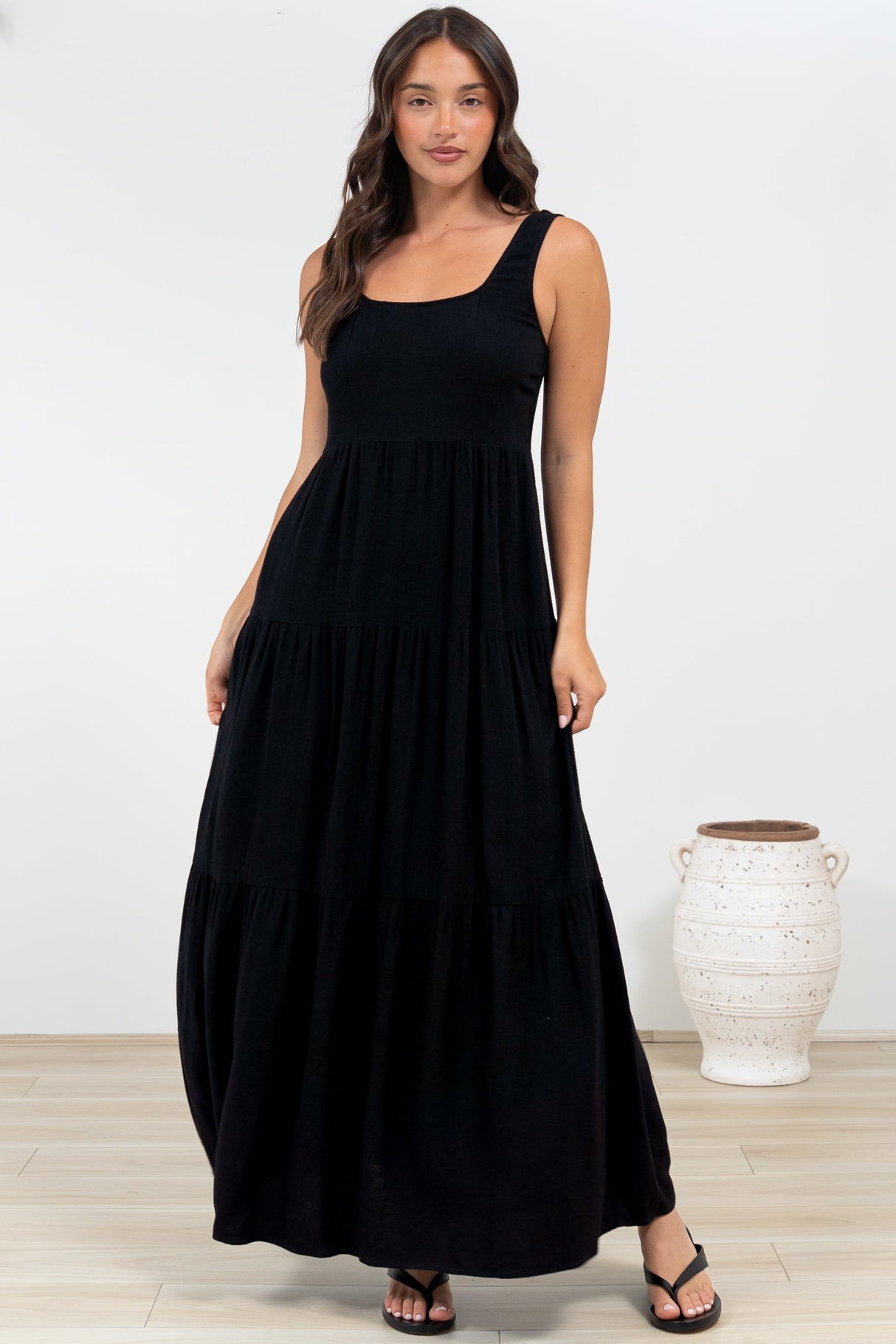 Arielle Maxi Dress - Square Neckline Tiered Dress with Pockets in Black