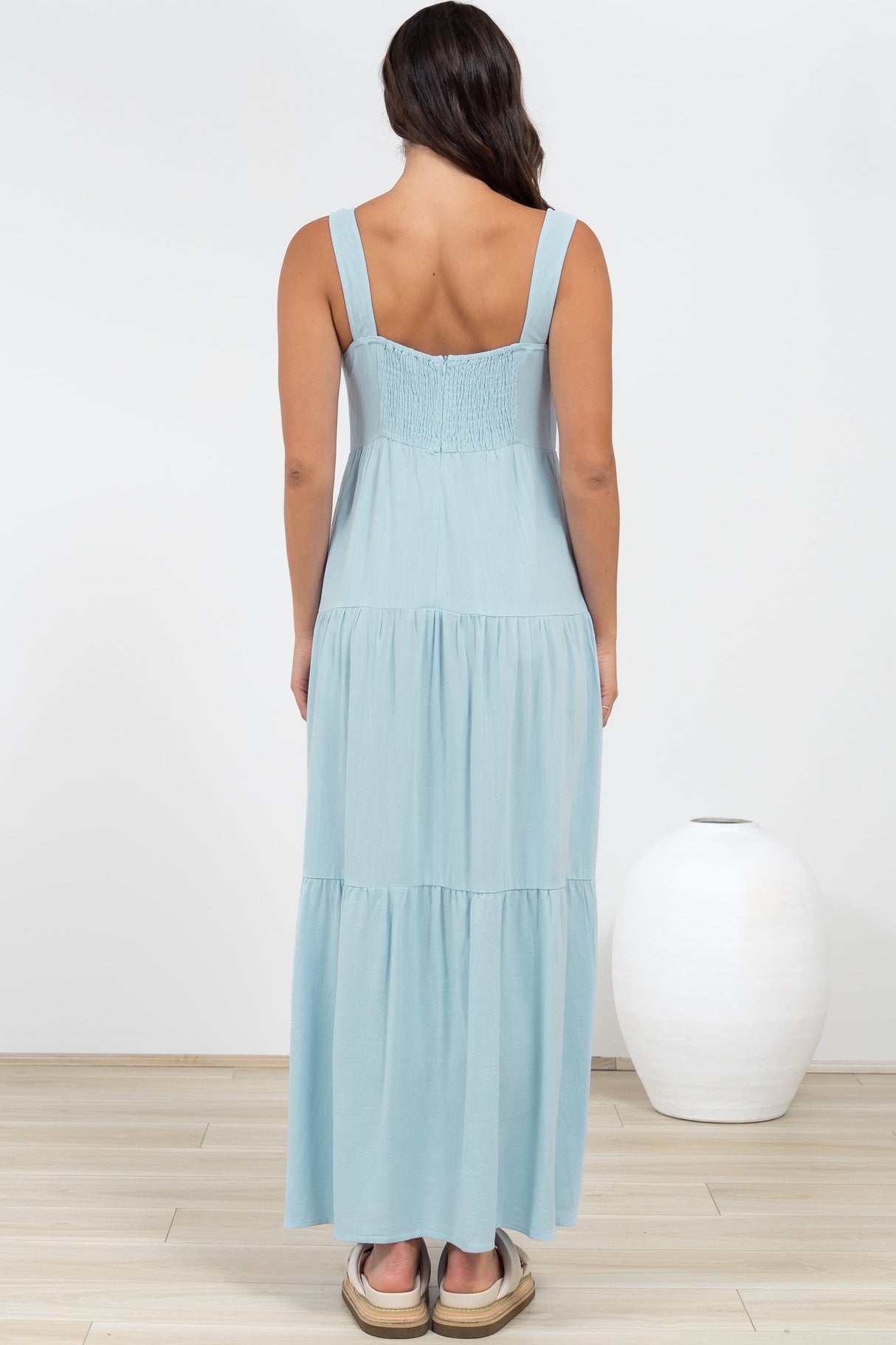 Arielle Maxi Dress - Square Neckline Tiered Dress with Pockets in Light Blue