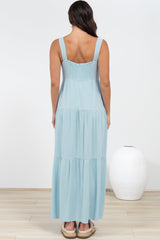 Arielle Maxi Dress - Square Neckline Tiered Dress with Pockets in Light Blue