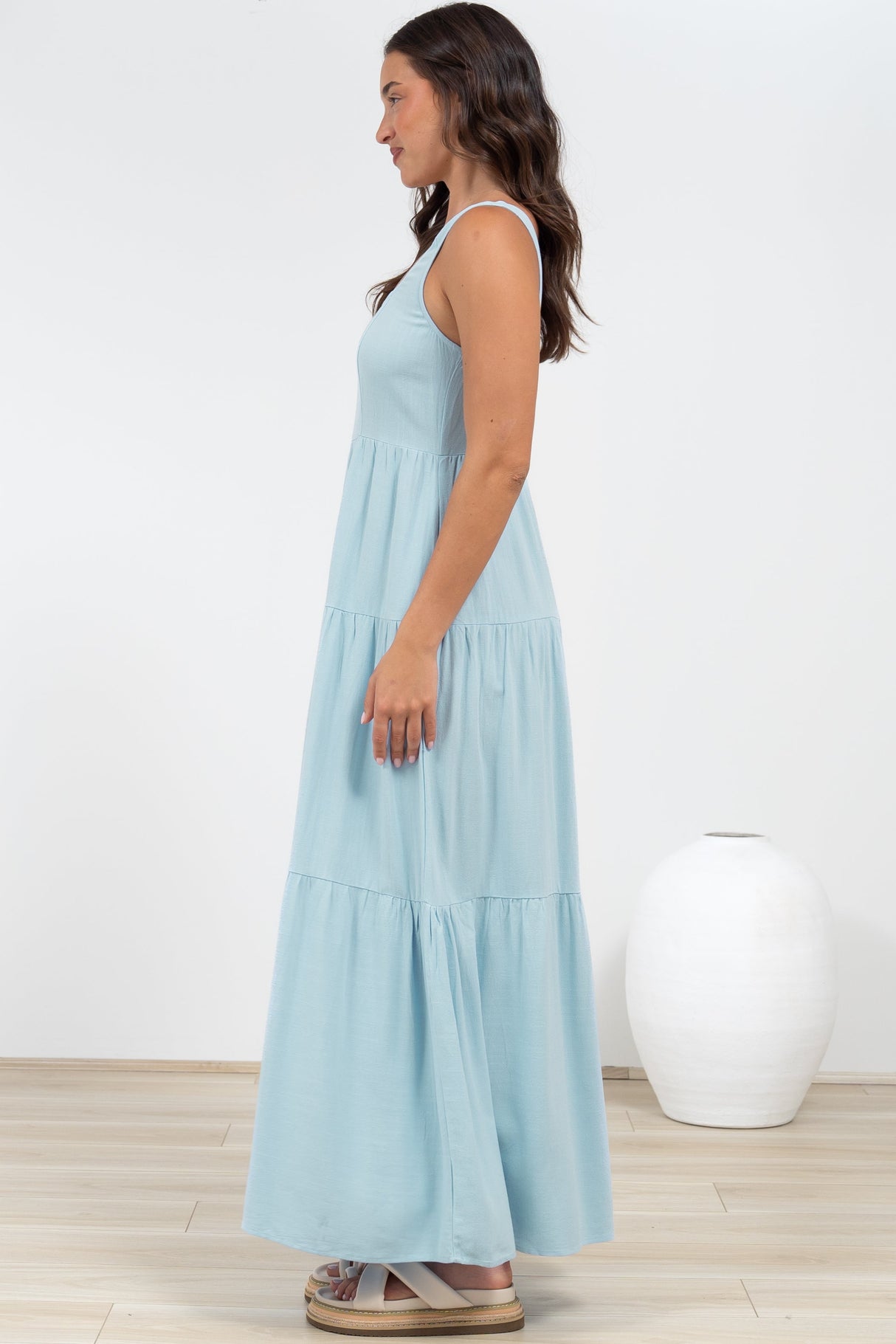 Arielle Maxi Dress - Square Neckline Tiered Dress with Pockets in Light Blue