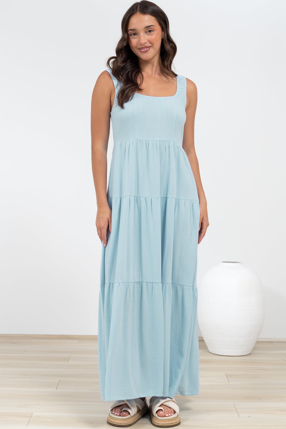 Arielle Maxi Dress - Square Neckline Tiered Dress with Pockets in Light Blue