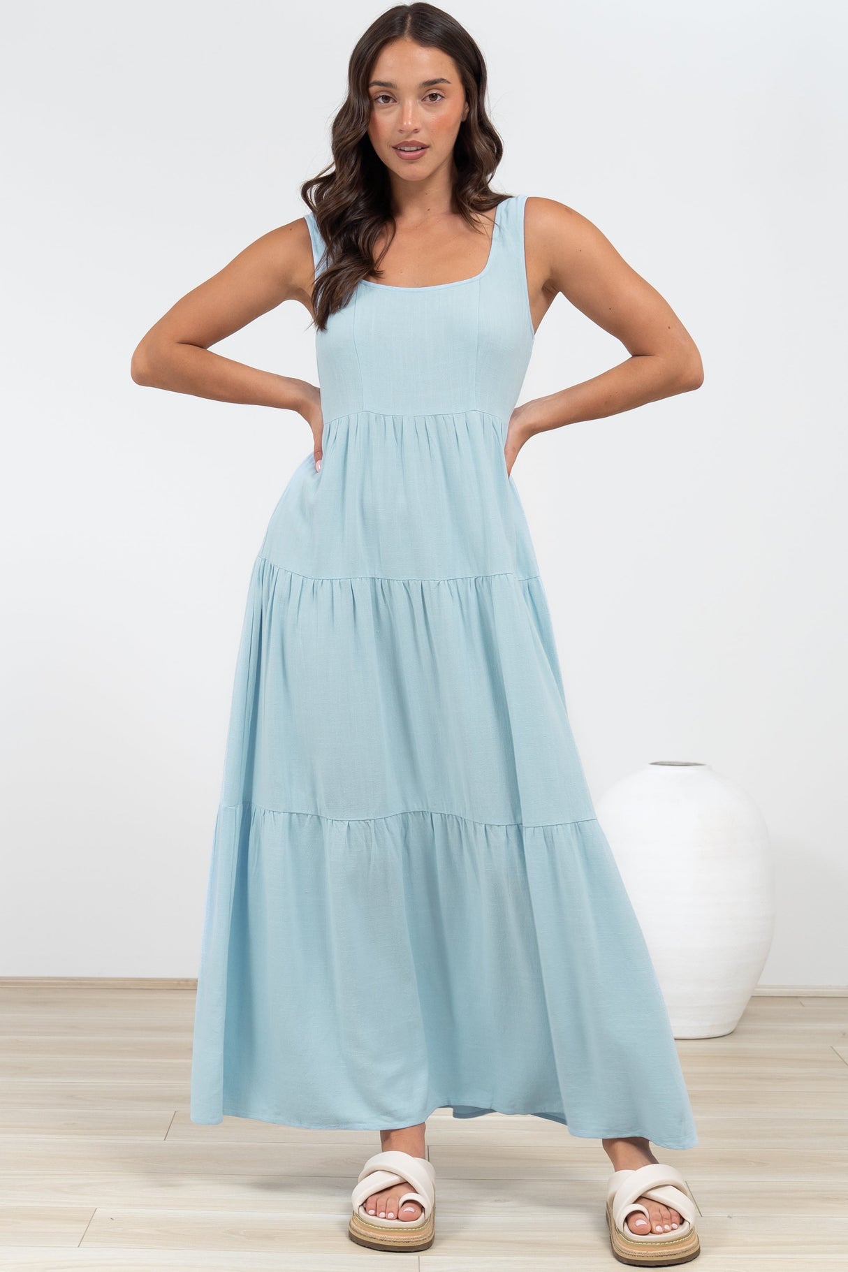 Arielle Maxi Dress - Square Neckline Tiered Dress with Pockets in Light Blue