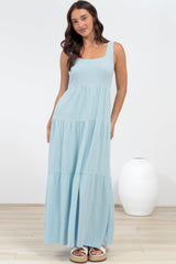Arielle Maxi Dress - Square Neckline Tiered Dress with Pockets in Light Blue