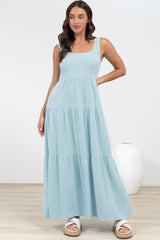 Arielle Maxi Dress - Square Neckline Tiered Dress with Pockets in Light Blue