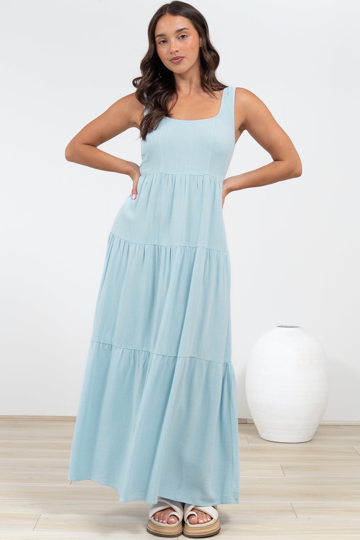 Arielle Maxi Dress - Square Neckline Tiered Dress with Pockets in Light Blue