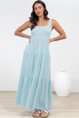 Arielle Maxi Dress - Square Neckline Tiered Dress with Pockets in Light Blue