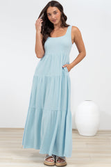 Arielle Maxi Dress - Square Neckline Tiered Dress with Pockets in Light Blue