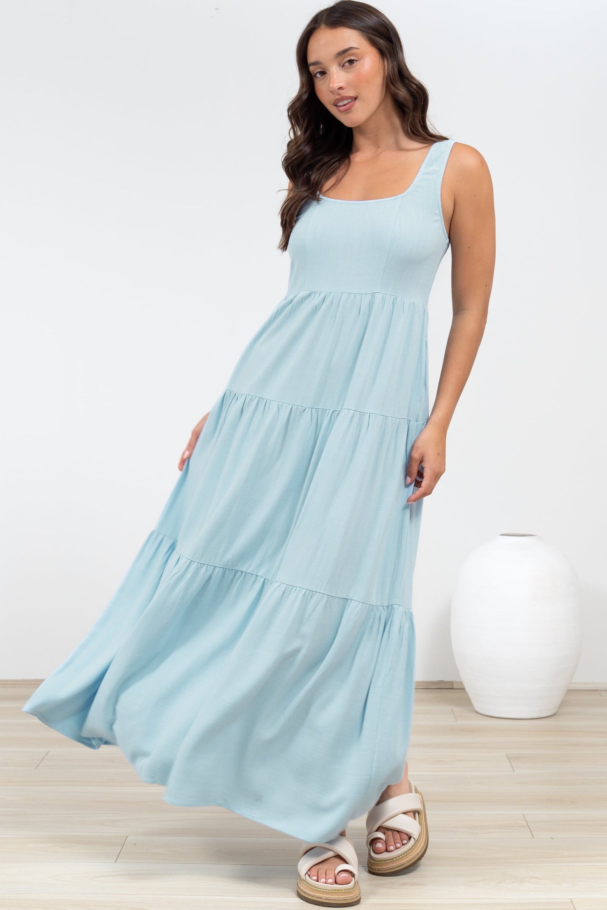 Arielle Maxi Dress - Square Neckline Tiered Dress with Pockets in Light Blue