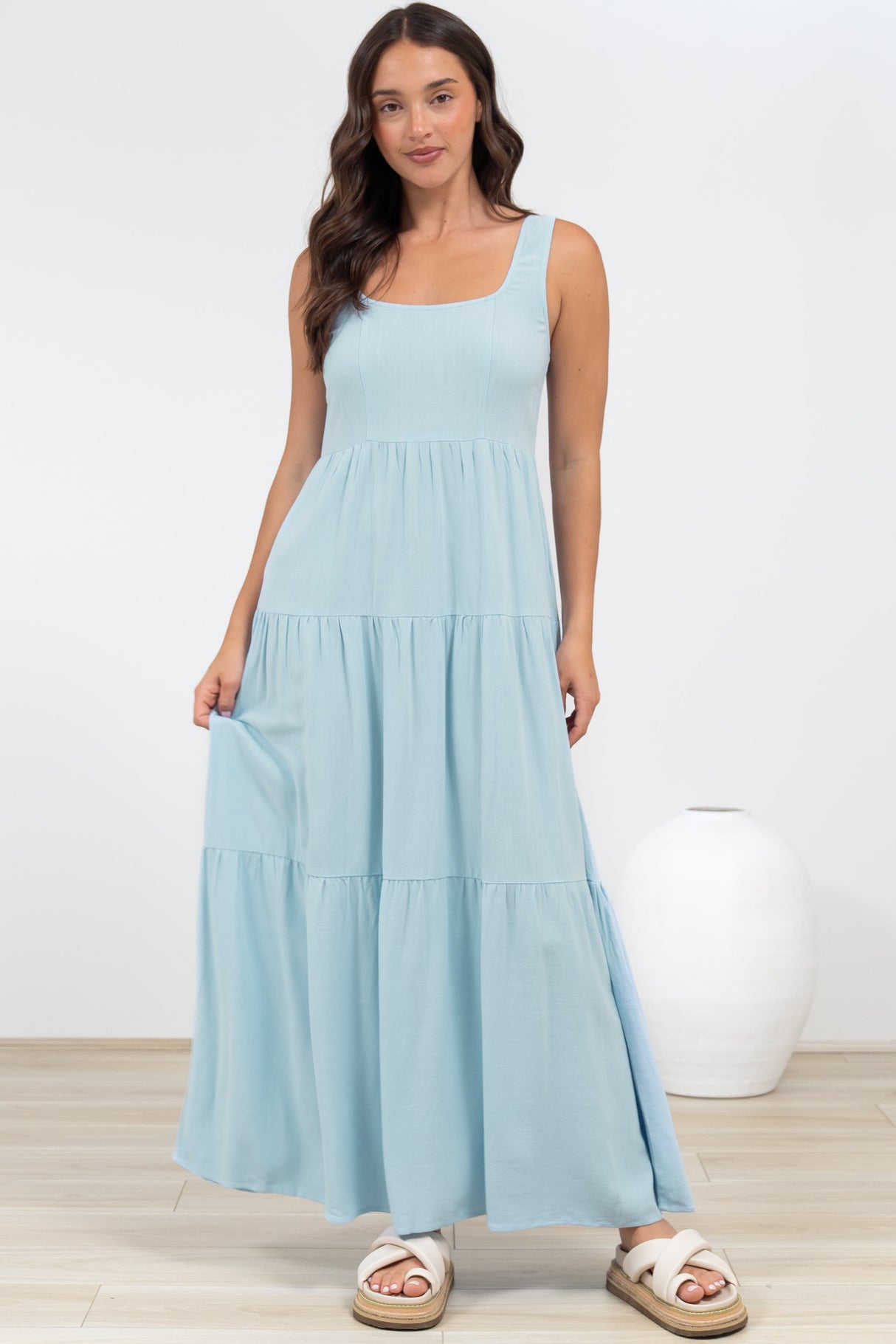 Arielle Maxi Dress - Square Neckline Tiered Dress with Pockets in Light Blue